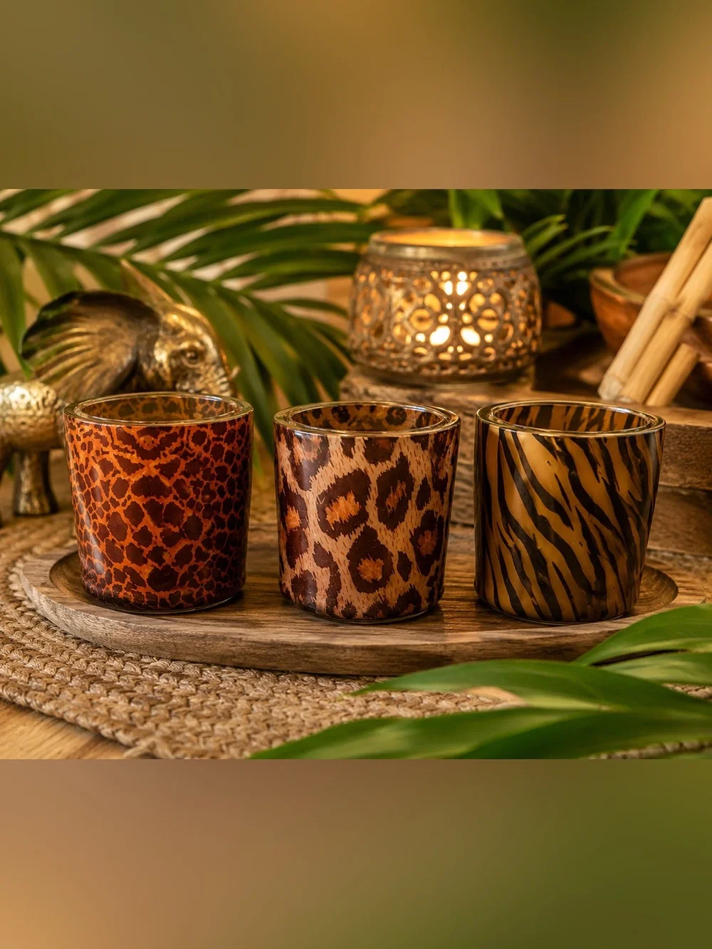 Animal-Print Glass Votive Candle Holders - Set of 3 - Brown & Tan
